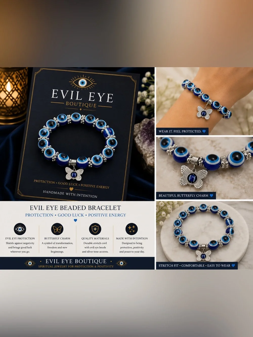 🧿🦋Blue Beaded Bracelet with Butterfly Charm🦋🧿